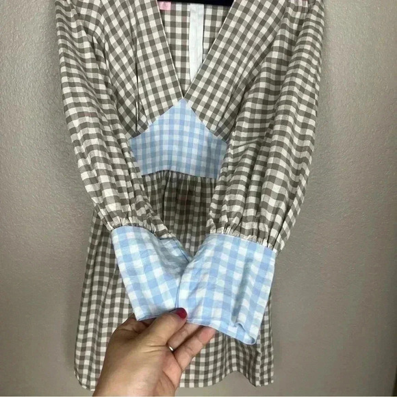 DEFECT-Molby the Label Mini Dress Womens 4 Gingham Brown and Light Blue - Picture 5 of 16